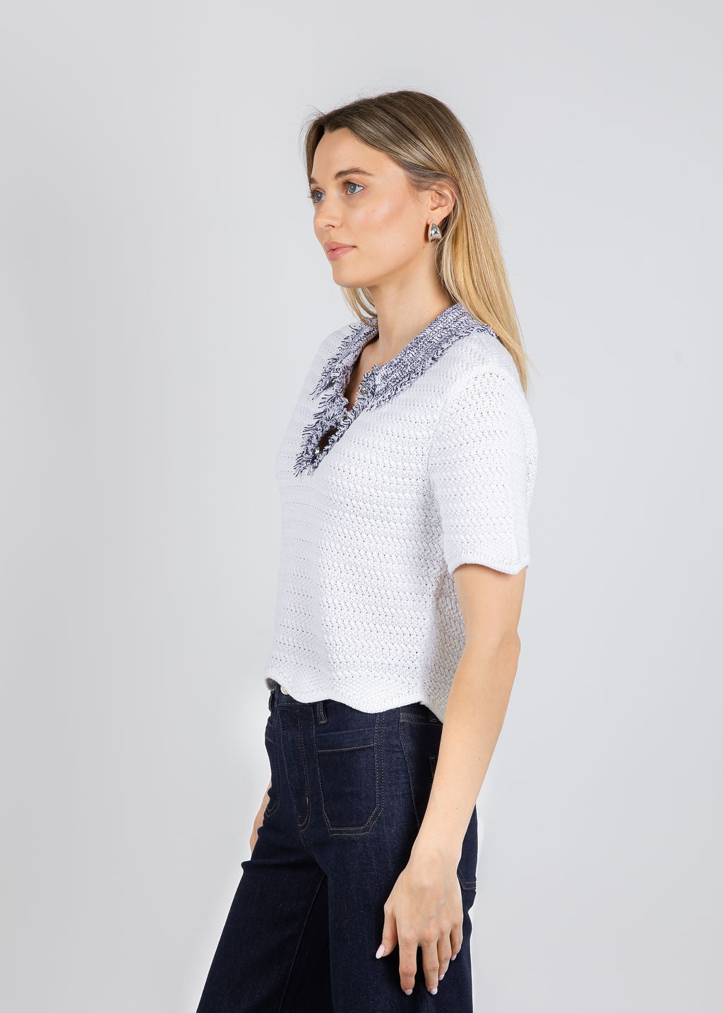 BK Wren Scallop Edge Crochet Polo Sweater in Navy Combo available at Barbara Katz