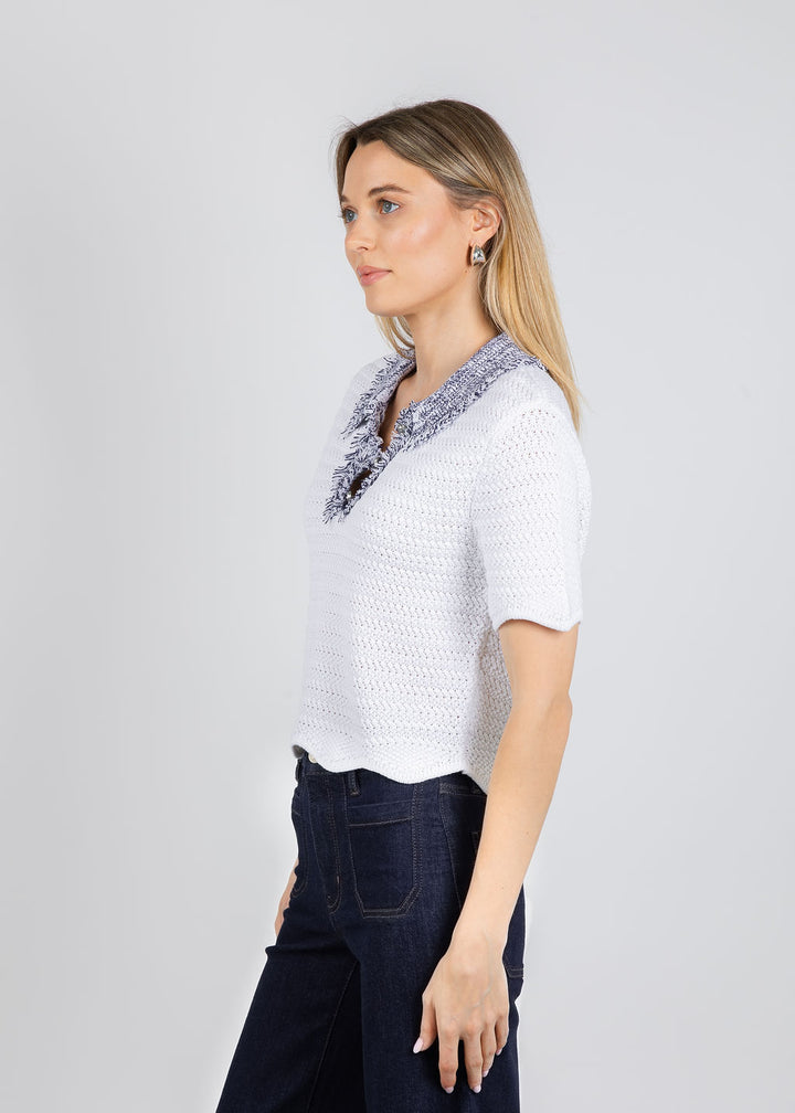 BK Wren Scallop Edge Crochet Polo Sweater in Navy Combo available at Barbara Katz
