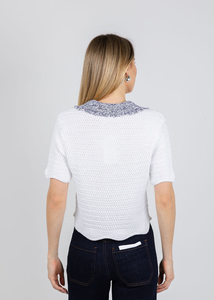 BK Wren Scallop Edge Crochet Polo Sweater in Navy Combo available at Barbara Katz