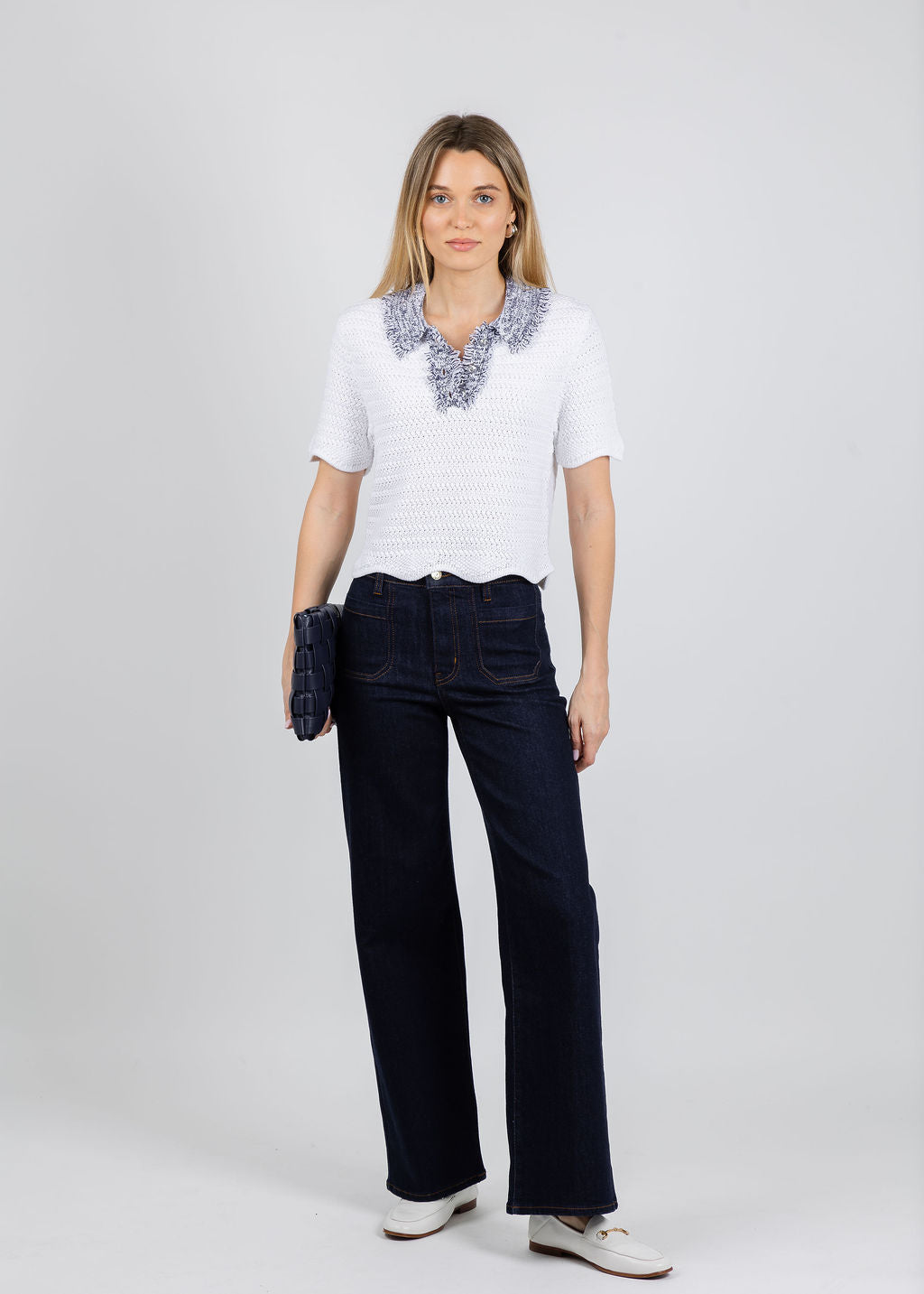 BK Wren Scallop Edge Crochet Polo Sweater in Navy Combo available at Barbara Katz