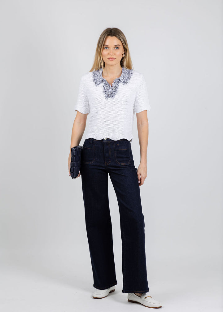 BK Wren Scallop Edge Crochet Polo Sweater in Navy Combo available at Barbara Katz