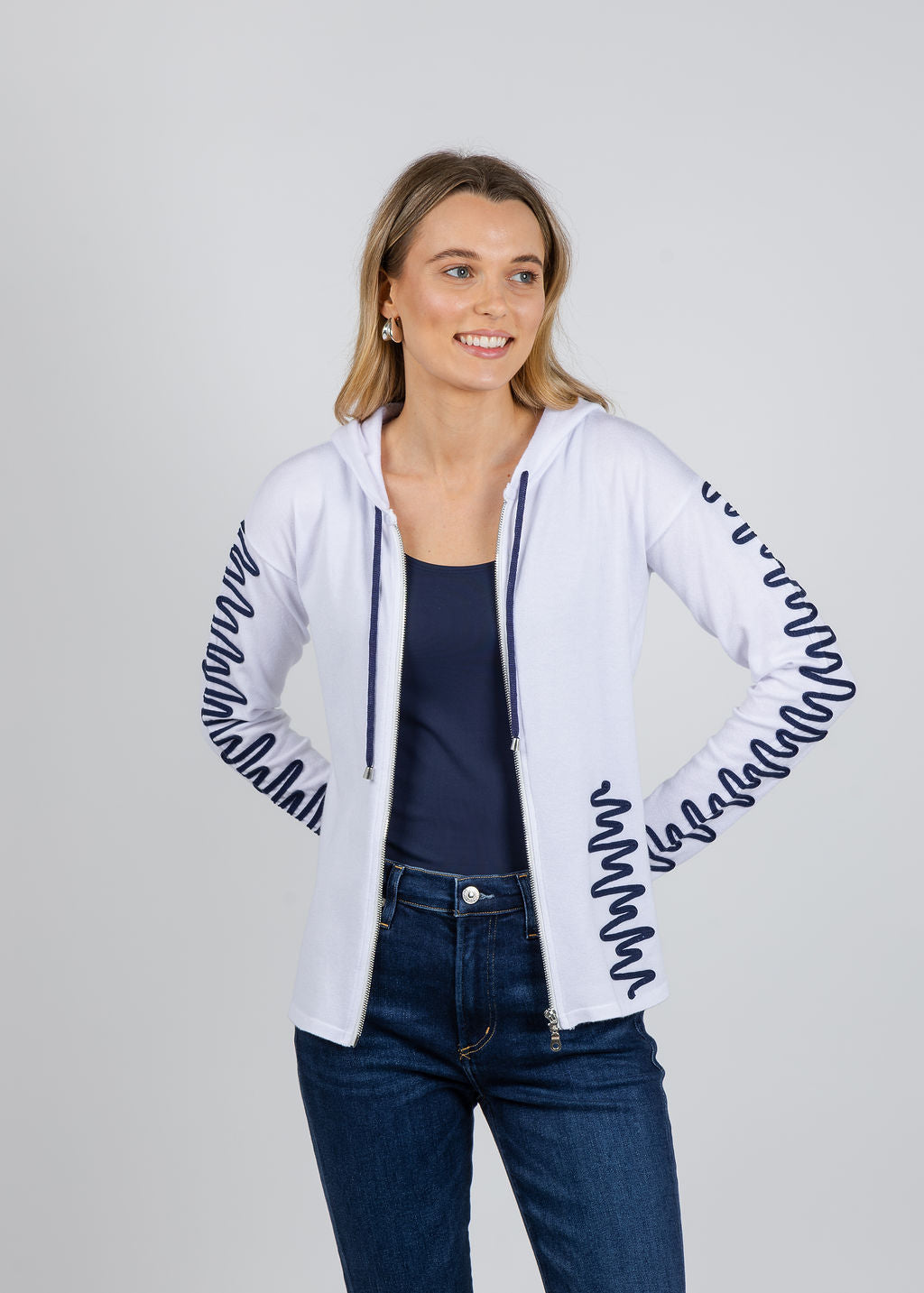 BK Zig Zag Zip Jacket in White/Navy available at Barbara Katz
