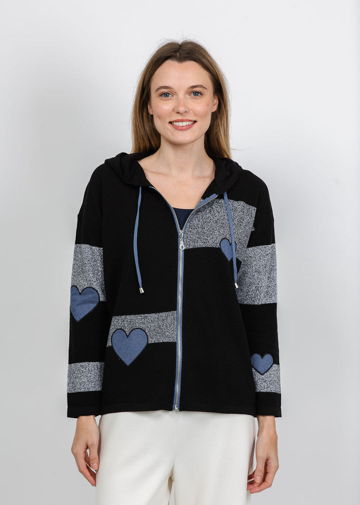 BK Zip Hoodie With Hearts in Black/Blue available at BarbaraKatz