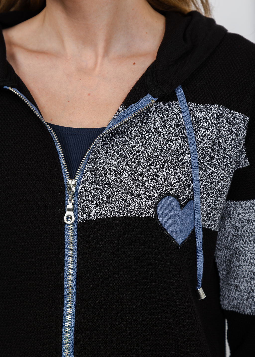 BK Zip Hoodie With Hearts in Black/Blue available at BarbaraKatz