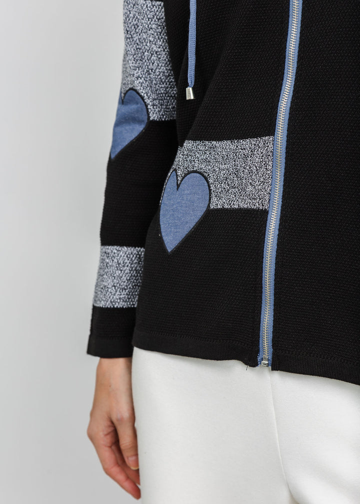 BK Zip Hoodie With Hearts in Black/Blue available at BarbaraKatz