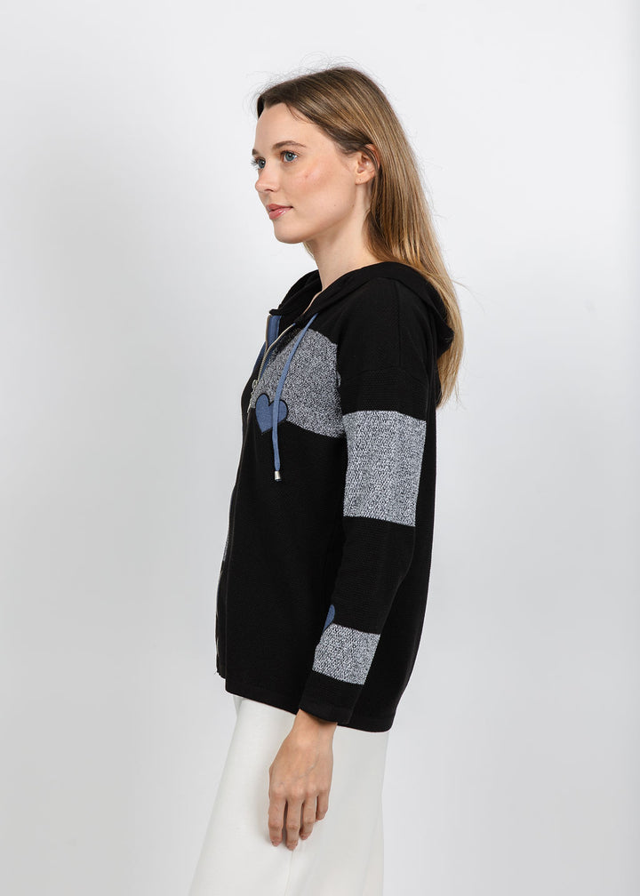BK Zip Hoodie With Hearts in Black/Blue available at BarbaraKatz