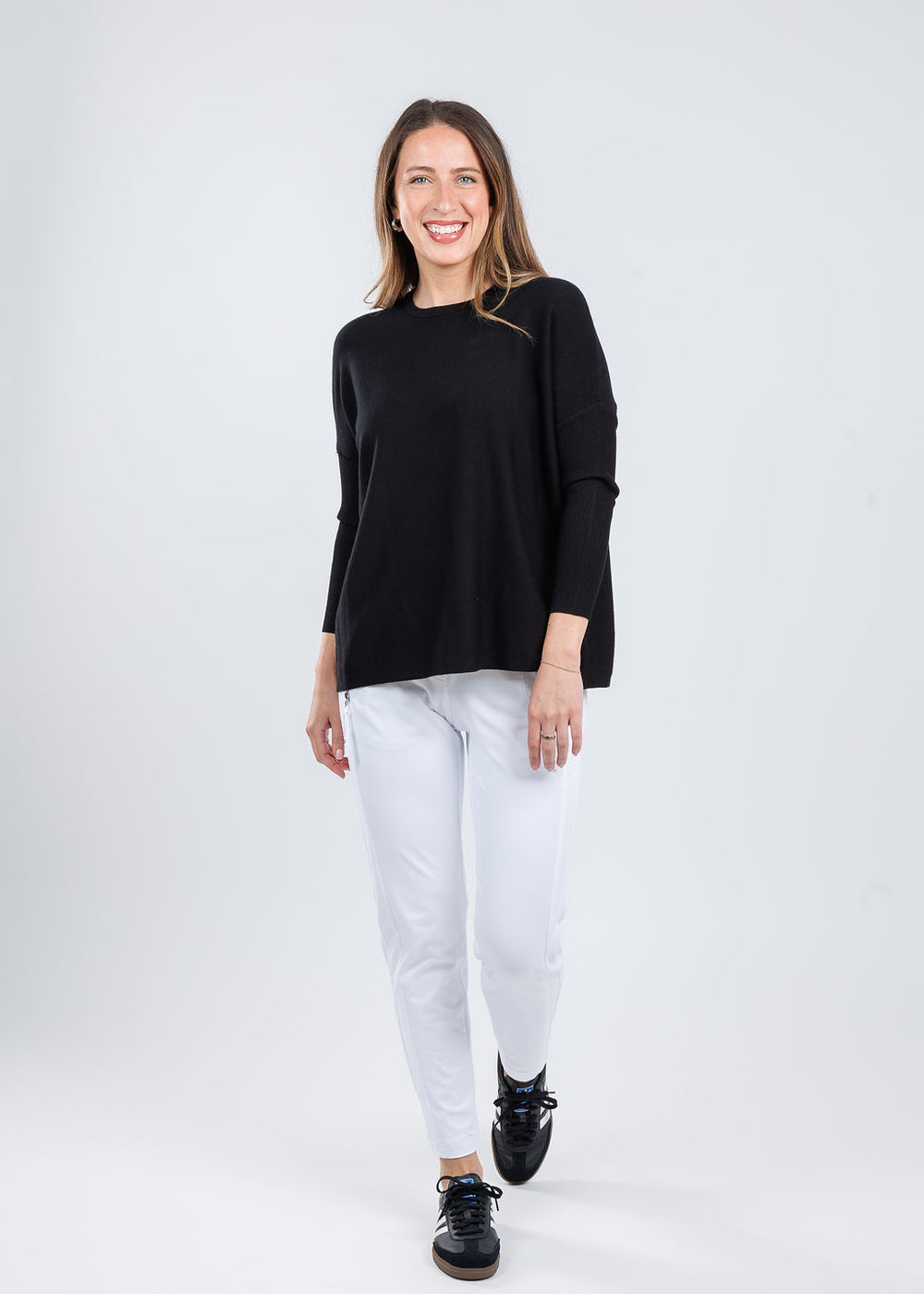 BK Sabrina Boxy Sweater in Black paired with Raffaello Rossi Natina Sport Pants in White available at Barbara Katz