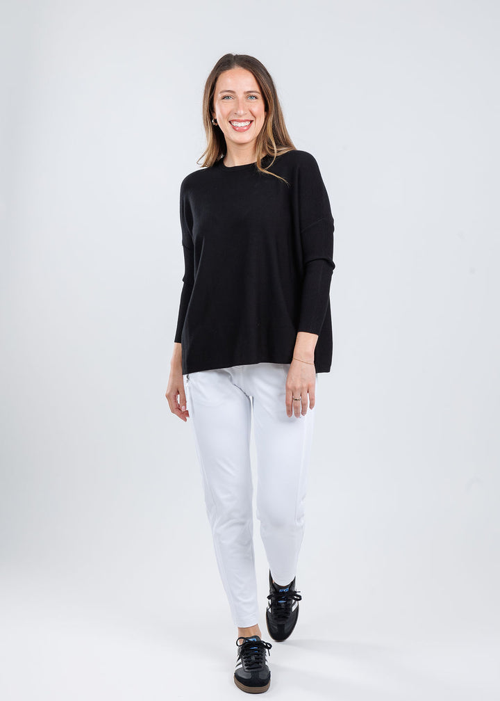 BK Sabrina Boxy Sweater in Black paired with Raffaello Rossi Natina Sport Pants in White available at Barbara Katz