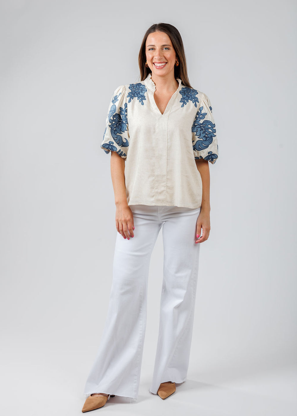 BK Embroidered Puff Sleeve V-Neck Top in Cream/Blue paired with Pistola Denim Izzy Wide Leg Crop Jeans in Vivid White available at Barbara Katz