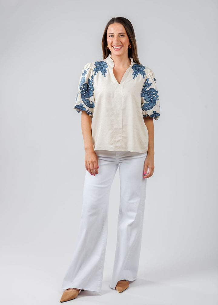 BK Embroidered Puff Sleeve V-Neck Top in Cream/Blue paired with Pistola Denim Izzy Wide Leg Crop Jeans in Vivid White available at Barbara Katz