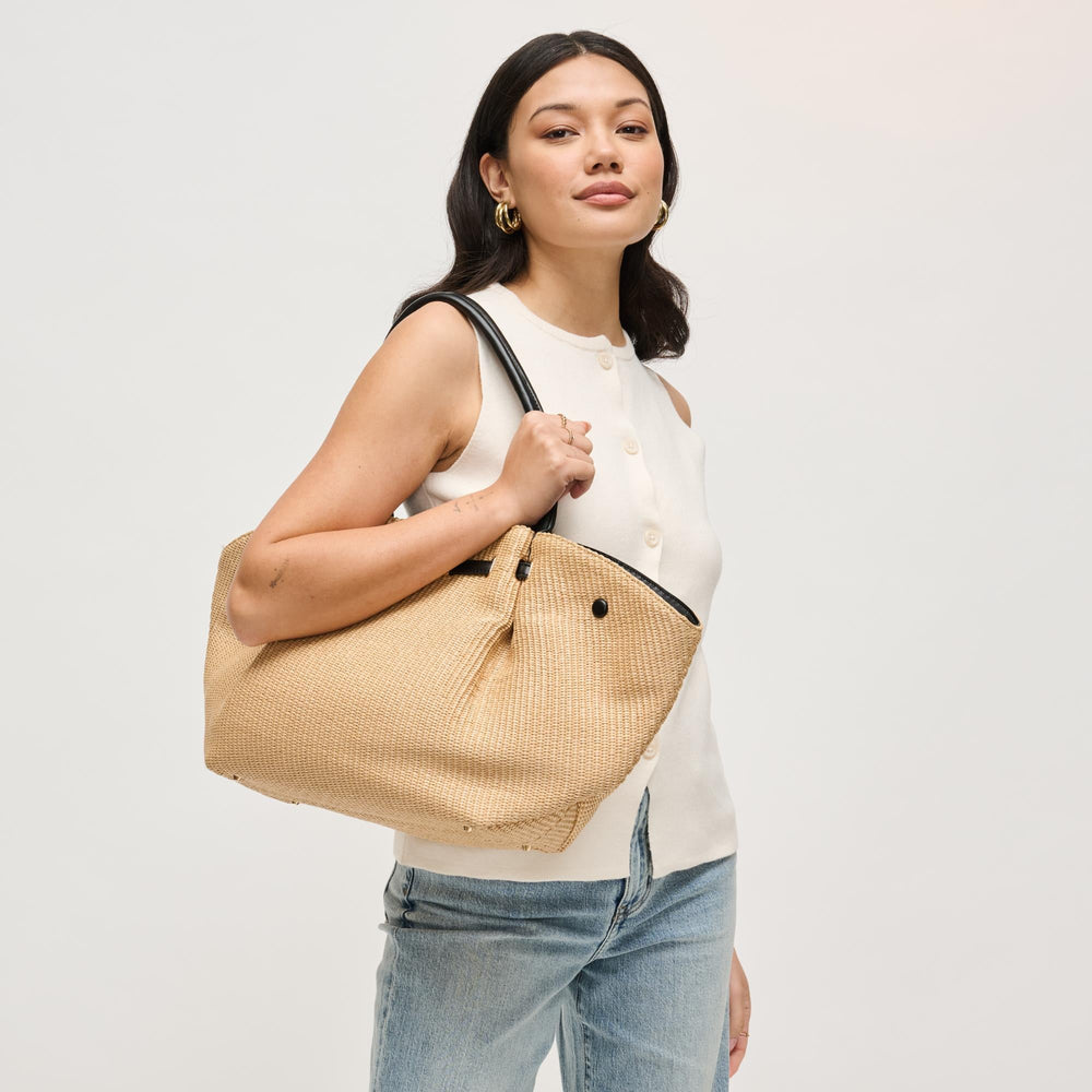 BK Handbags Kaia Straw Tote Bag in Natural/Black available at Barbara Katz