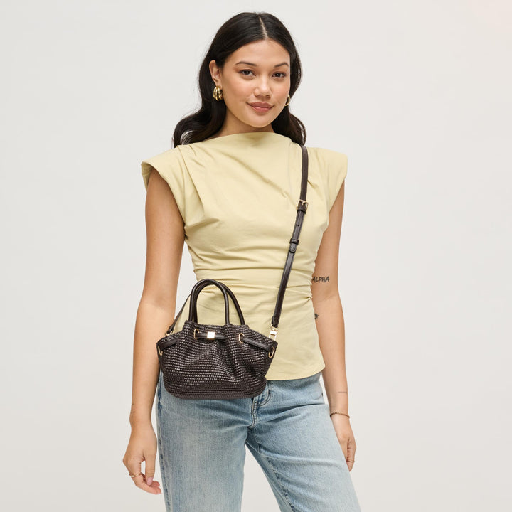 BK Handbags Selena Straw Crossbody Bag in Chocolate available at Barbara Katz