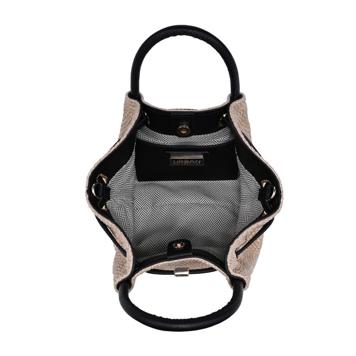 BK Handbags Selena Straw Crossbody Bag in Natural Black available at Barbara Katz
