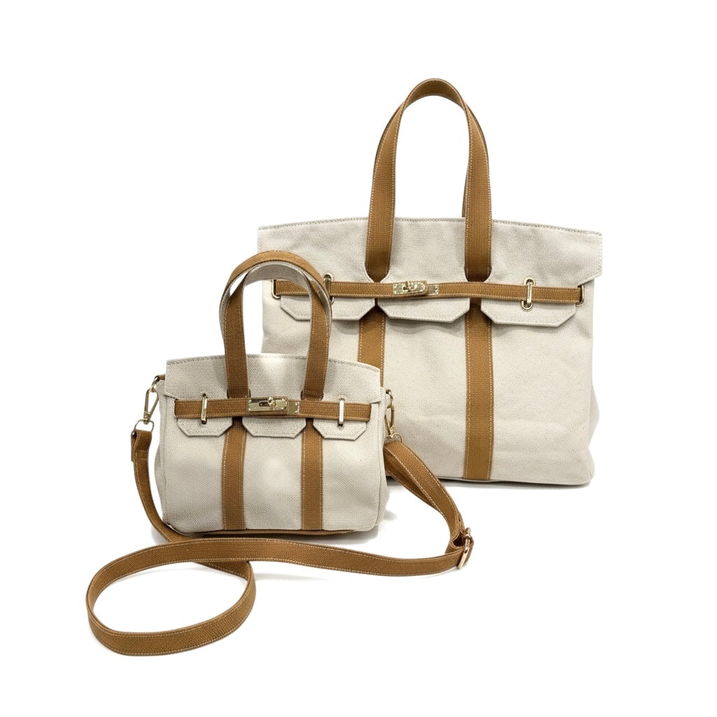 BK Handbags The Luxe Signature Tote Bag and The Luxey Mini Canvas Tote Bag in Tan available at Barbara Katz