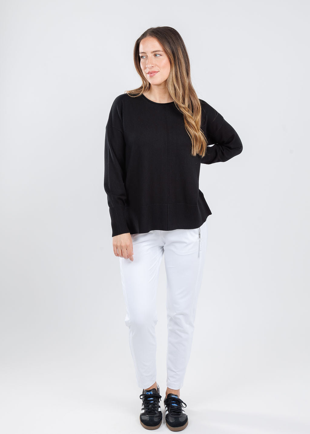 BK Shaina Center Seam Sweater in Black paired with Raffaello Rossi Natina Sport Pants in White available at Barbara Katz