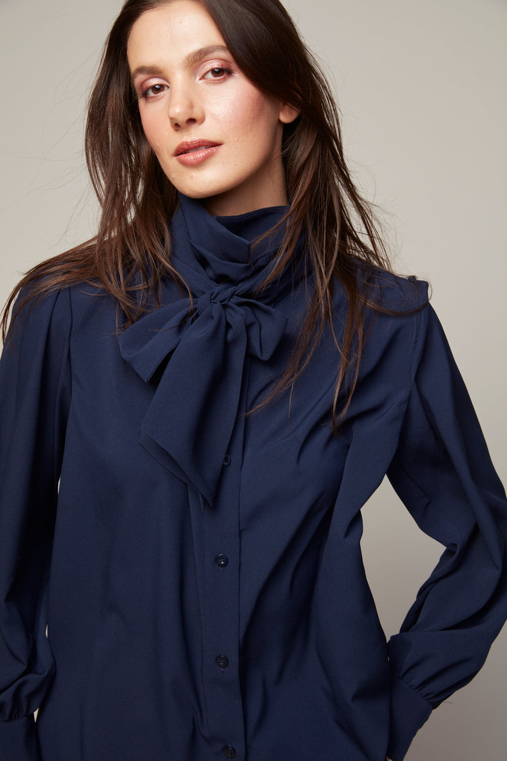 Bliss Semi Transparent Chiffon Blouse With Removable Lavallière in Navy available at Barbara Katz
