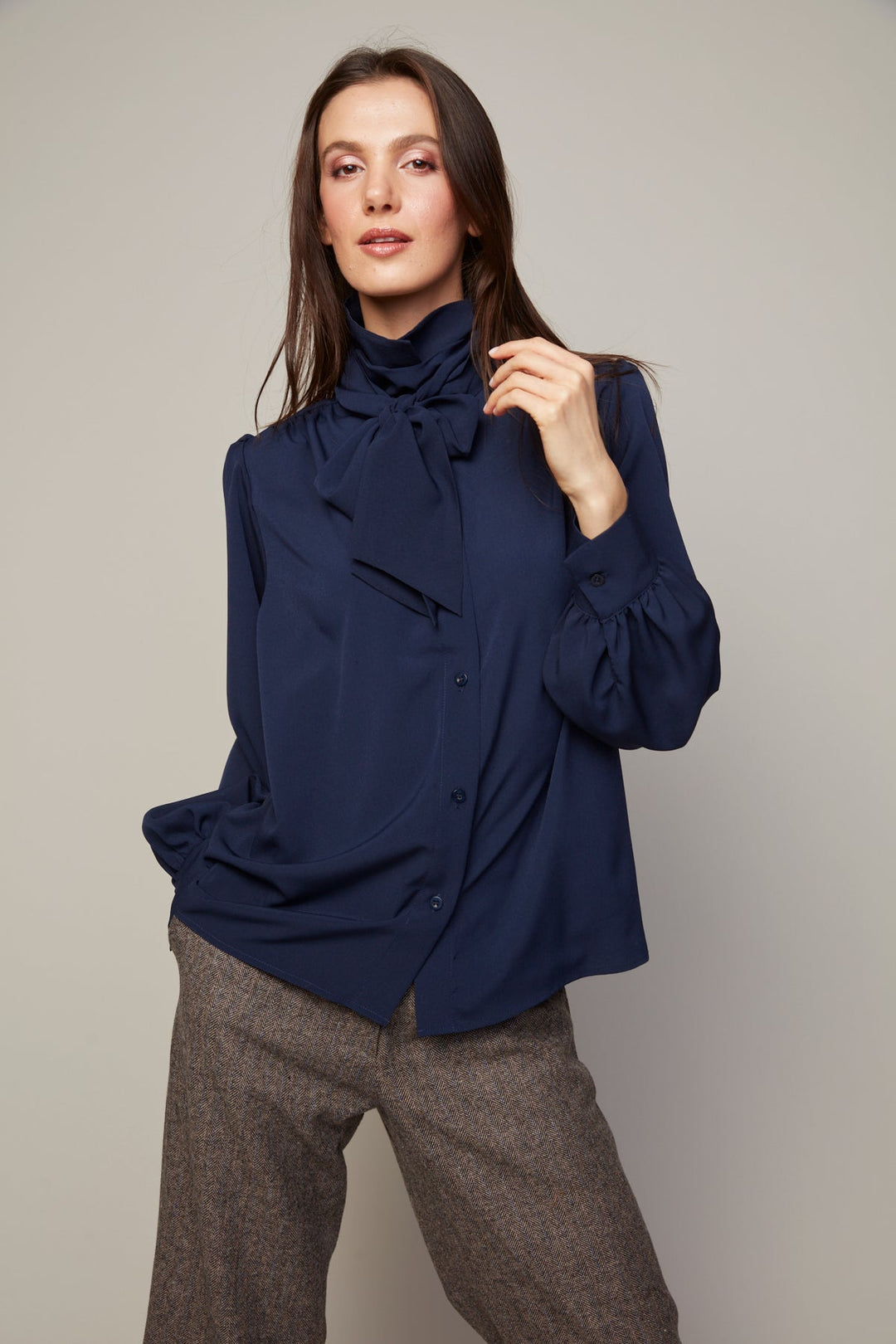 Bliss Semi Transparent Chiffon Blouse With Removable Lavallière in Navy available at Barbara Katz