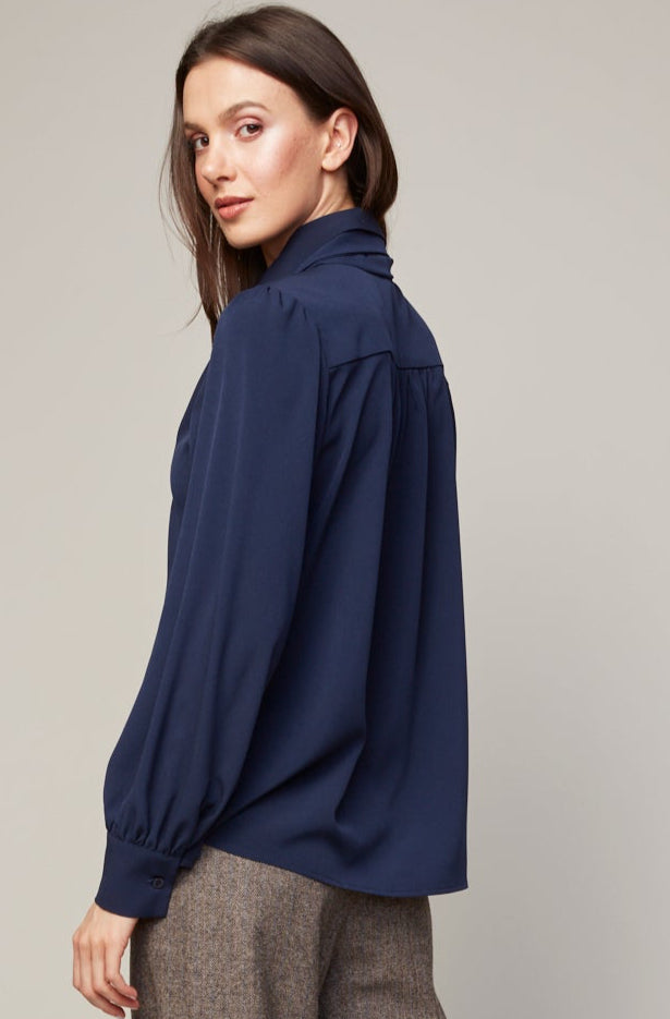 Bliss Semi Transparent Chiffon Blouse With Removable Lavallière in Navy available at Barbara Katz