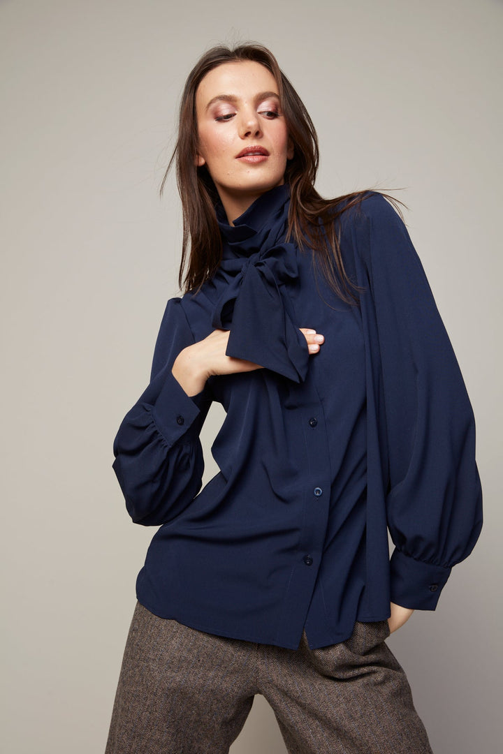 Bliss Semi Transparent Chiffon Blouse With Removable Lavallière in Navy available at Barbara Katz