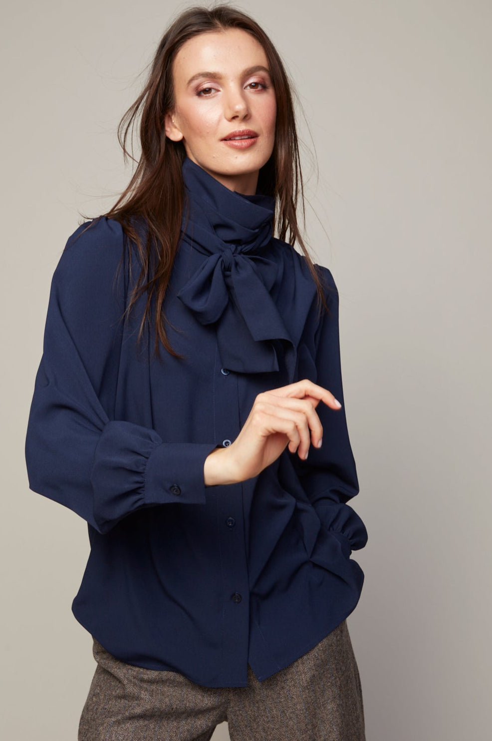 Bliss Semi Transparent Chiffon Blouse With Removable Lavallière in Navy available at Barbara Katz