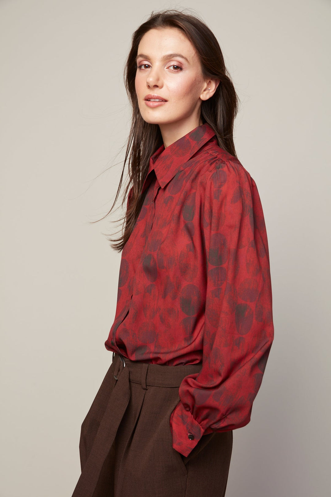 Adroit Atelier Bliss Semi Transparent Chiffon Blouse With Removable Lavallière in Deep Red available at Barbara Katz