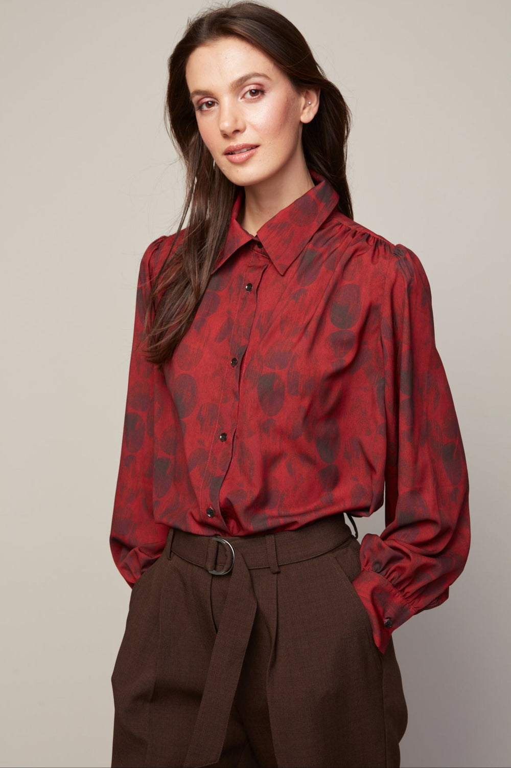 Adroit Atelier Bliss Semi Transparent Chiffon Blouse With Removable Lavallière in Deep Red available at Barbara Katz