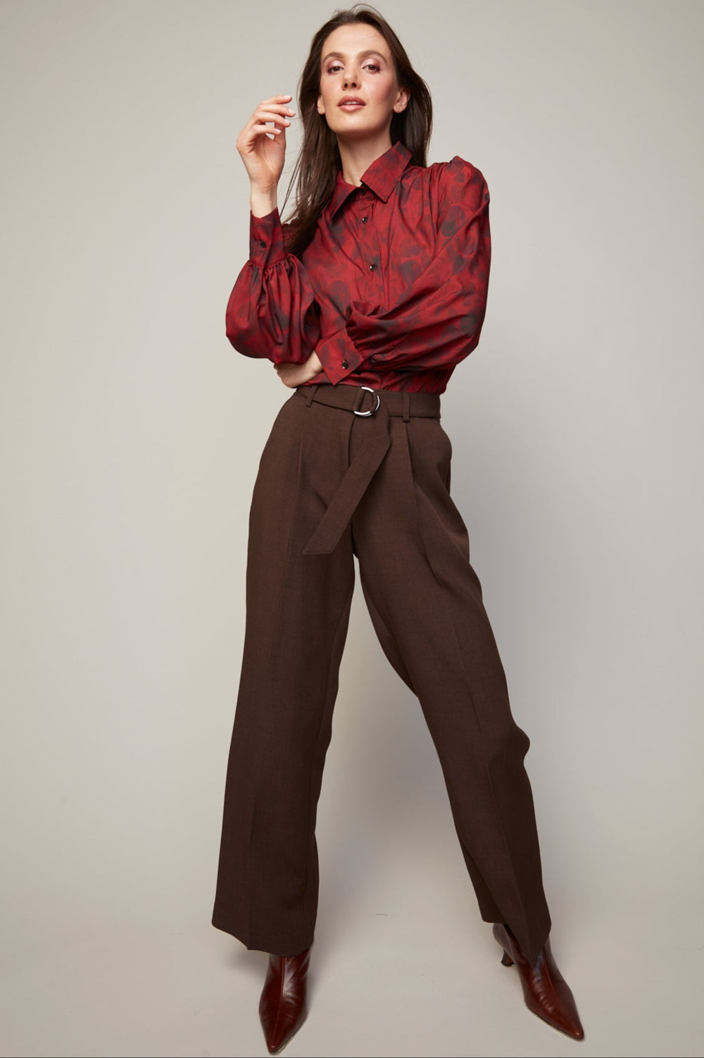 Adroit Atelier Bliss Semi Transparent Chiffon Blouse With Removable Lavallière in Deep Red available at Barbara Katz