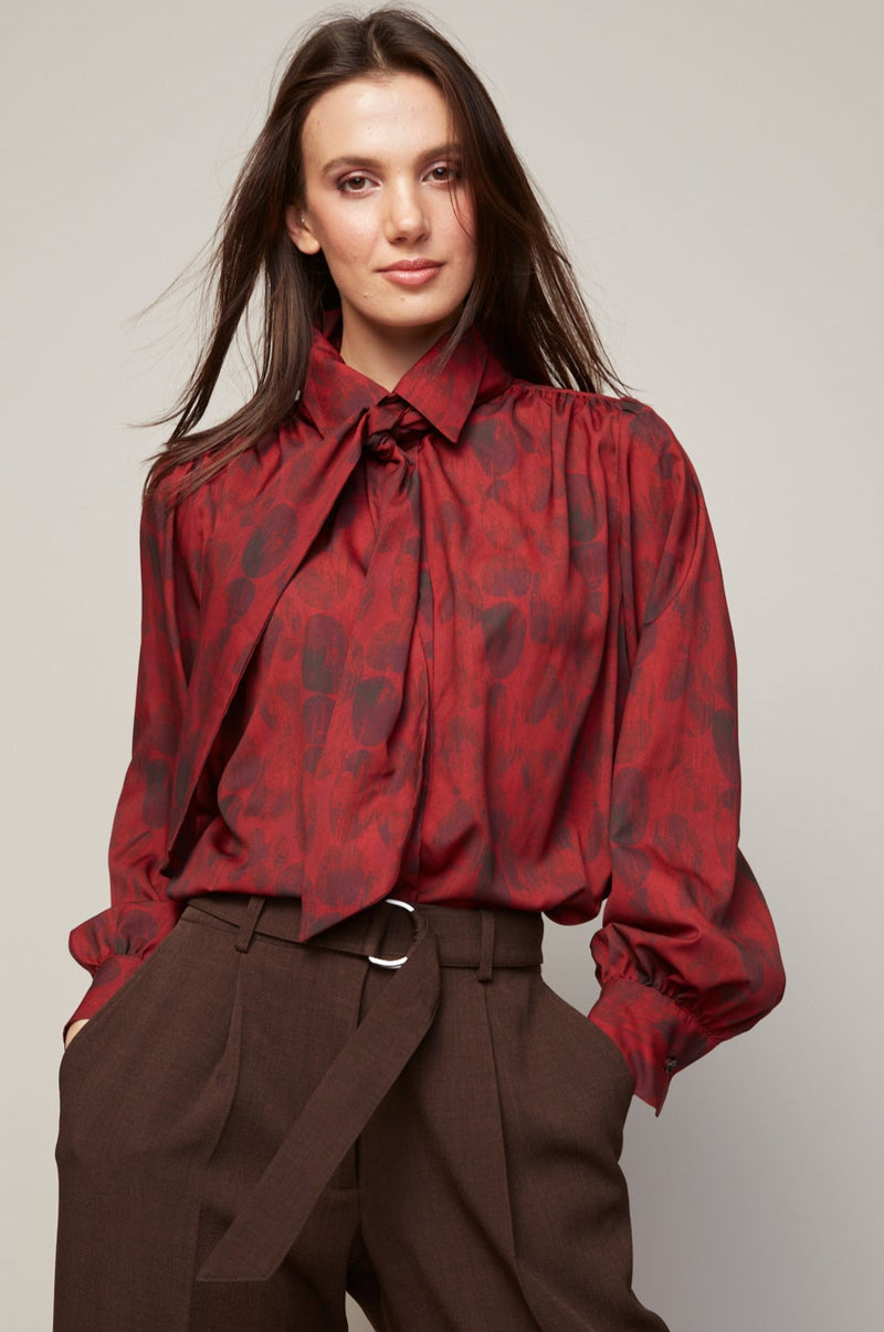 Adroit Atelier Bliss Semi Transparent Chiffon Blouse With Removable Lavallière in Deep Red available at Barbara Katz