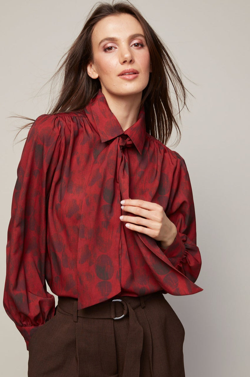 Adroit Atelier Bliss Semi Transparent Chiffon Blouse With Removable Lavallière in Deep Red available at Barbara Katz
