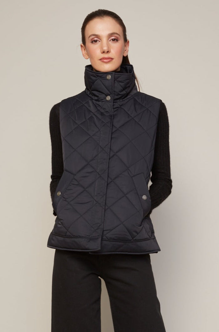 Adroit Atelier Brielle Quilted Sleeveless Funnel Neck Vest in Black available at Barbara Katz