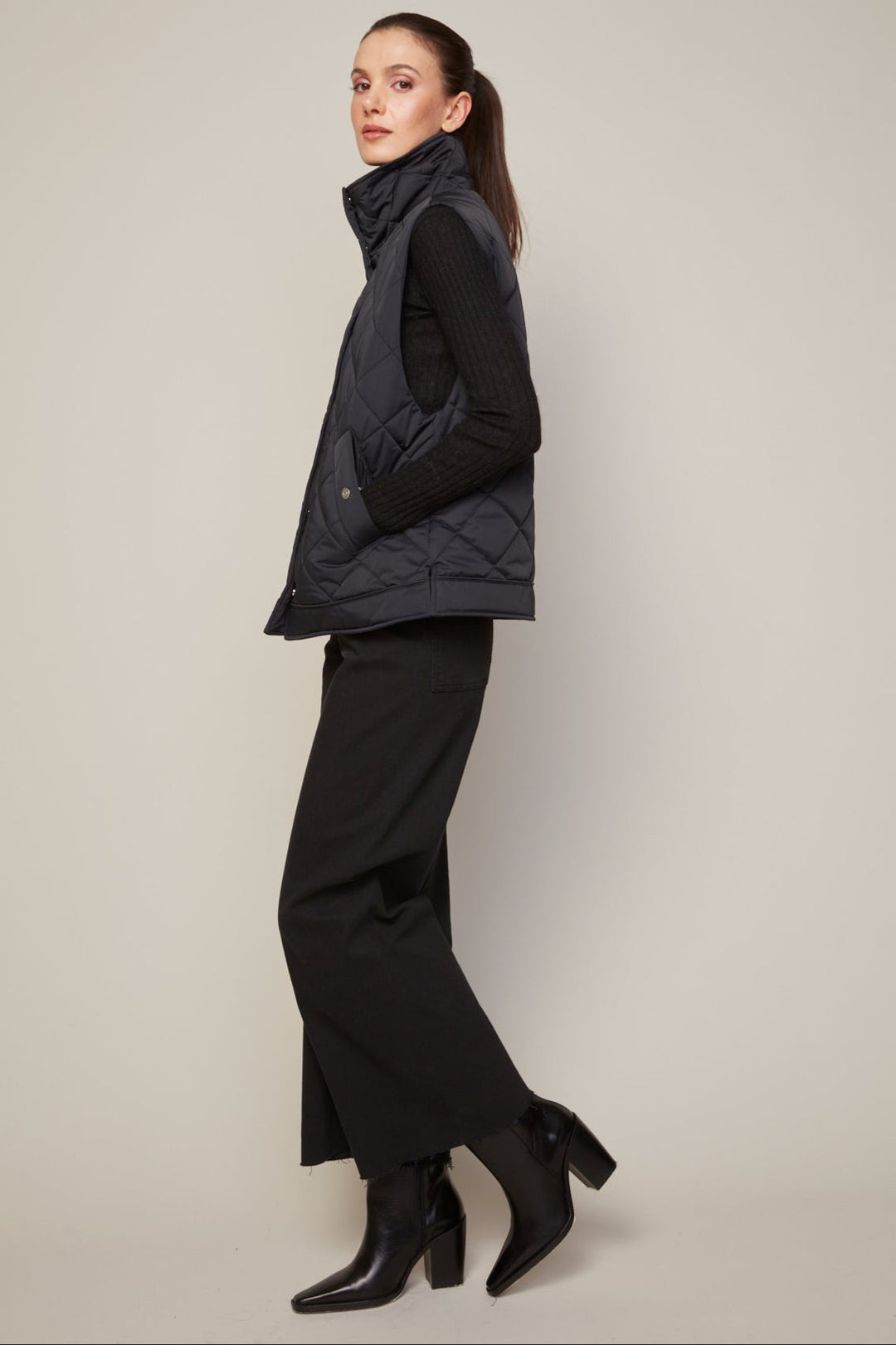 Adroit Atelier Brielle Quilted Sleeveless Funnel Neck Vest in Black available at Barbara Katz