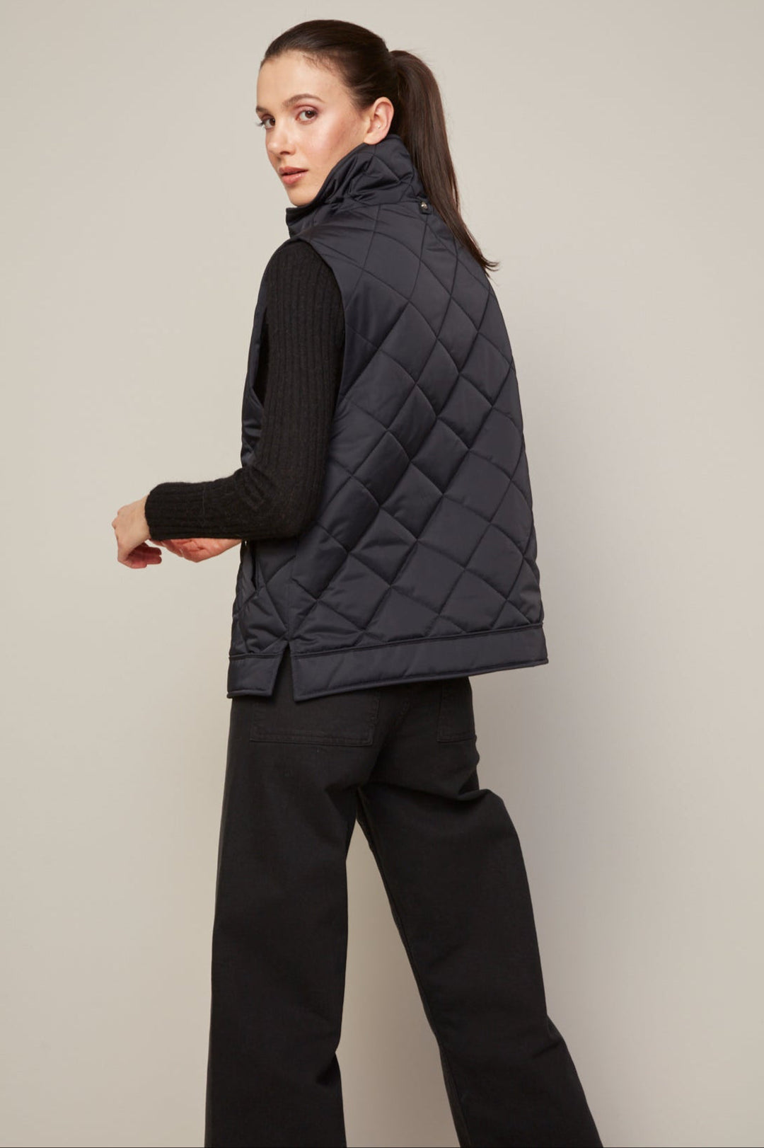 Adroit Atelier Brielle Quilted Sleeveless Funnel Neck Vest in Black available at Barbara Katz