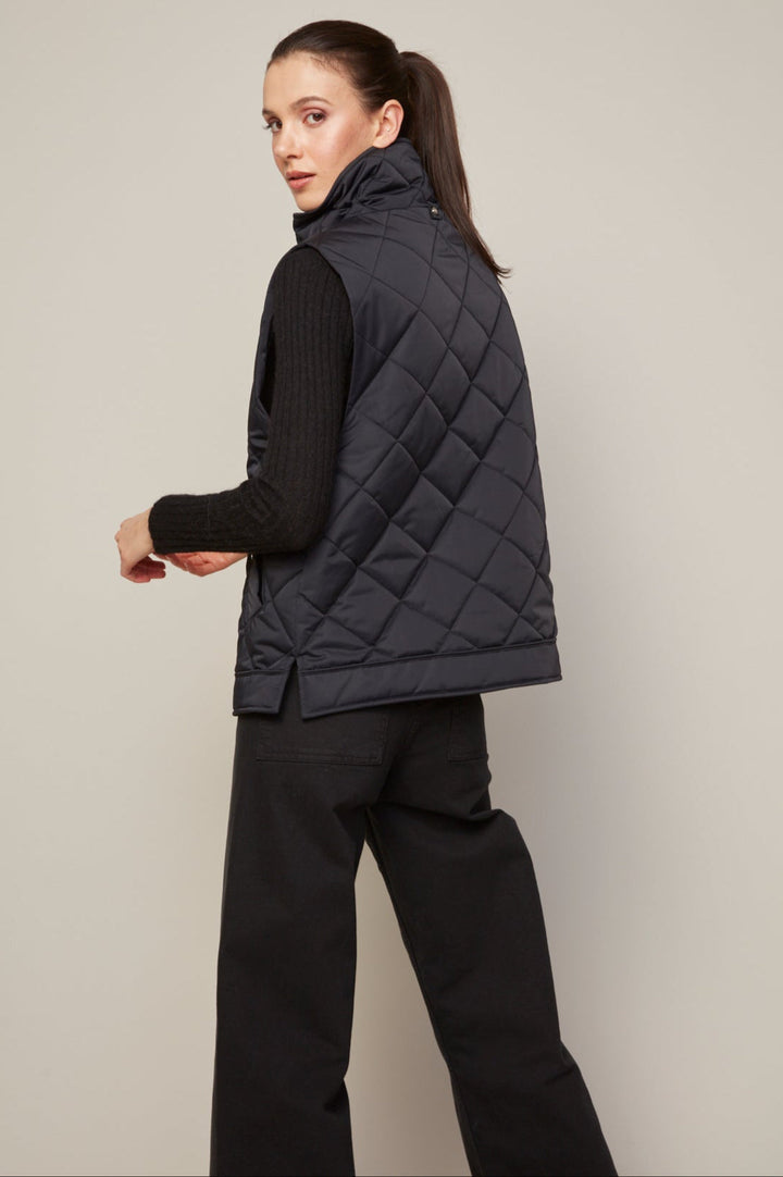 Adroit Atelier Brielle Quilted Sleeveless Funnel Neck Vest in Black available at Barbara Katz
