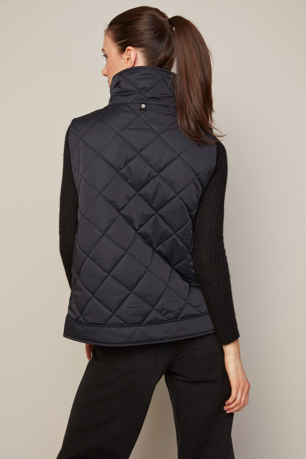 Adroit Atelier Brielle Quilted Sleeveless Funnel Neck Vest in Black available at Barbara Katz