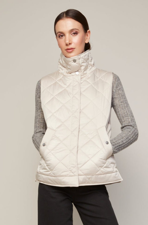 Adroit Atelier Brielle Quilted Sleeveless Funnel Neck Vest in Birch available at Barbara Katz