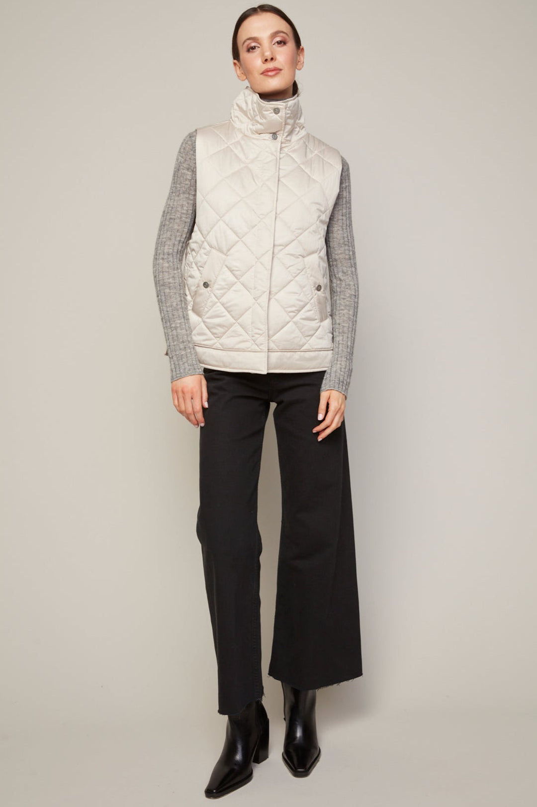 Adroit Atelier Brielle Quilted Sleeveless Funnel Neck Vest in Birch available at Barbara Katz