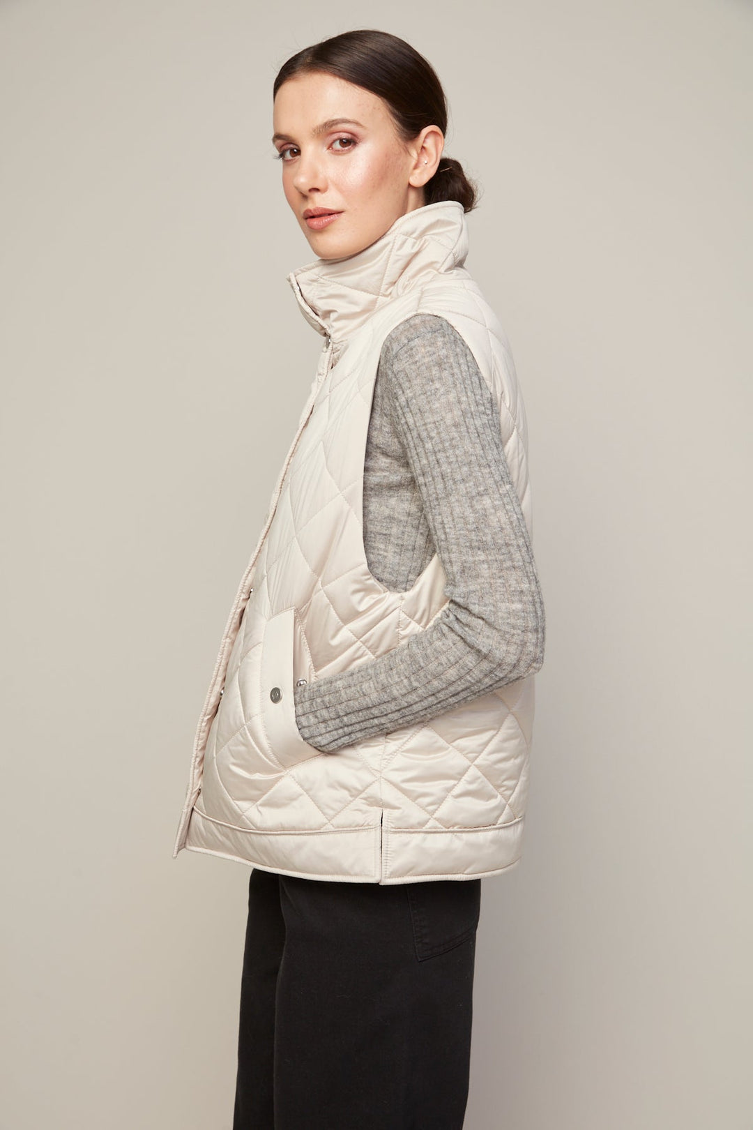 Adroit Atelier Brielle Quilted Sleeveless Funnel Neck Vest in Birch available at Barbara Katz