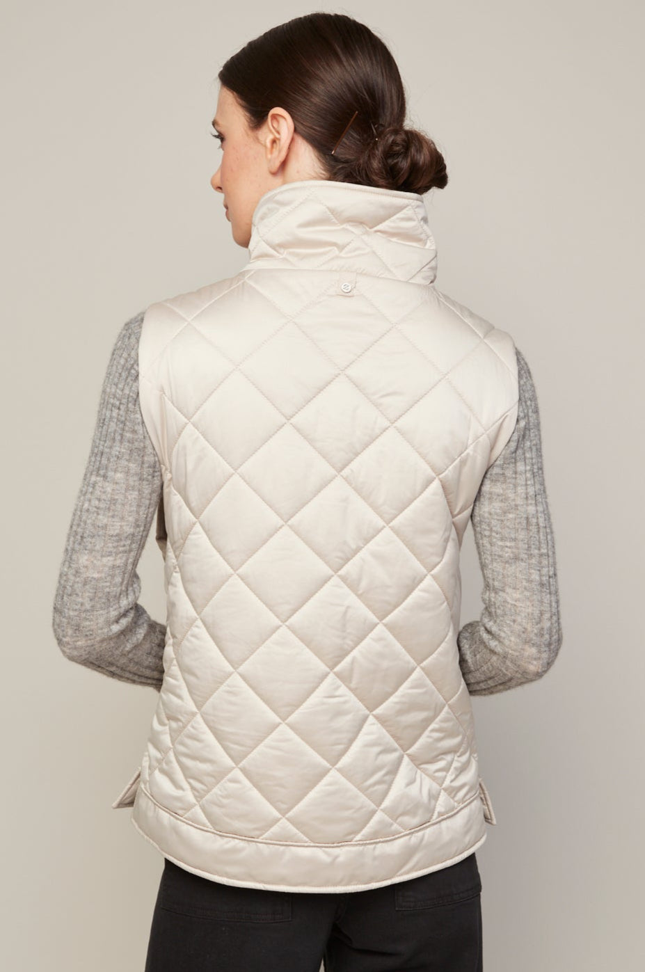 Adroit Atelier Brielle Quilted Sleeveless Funnel Neck Vest in Birch available at Barbara Katz