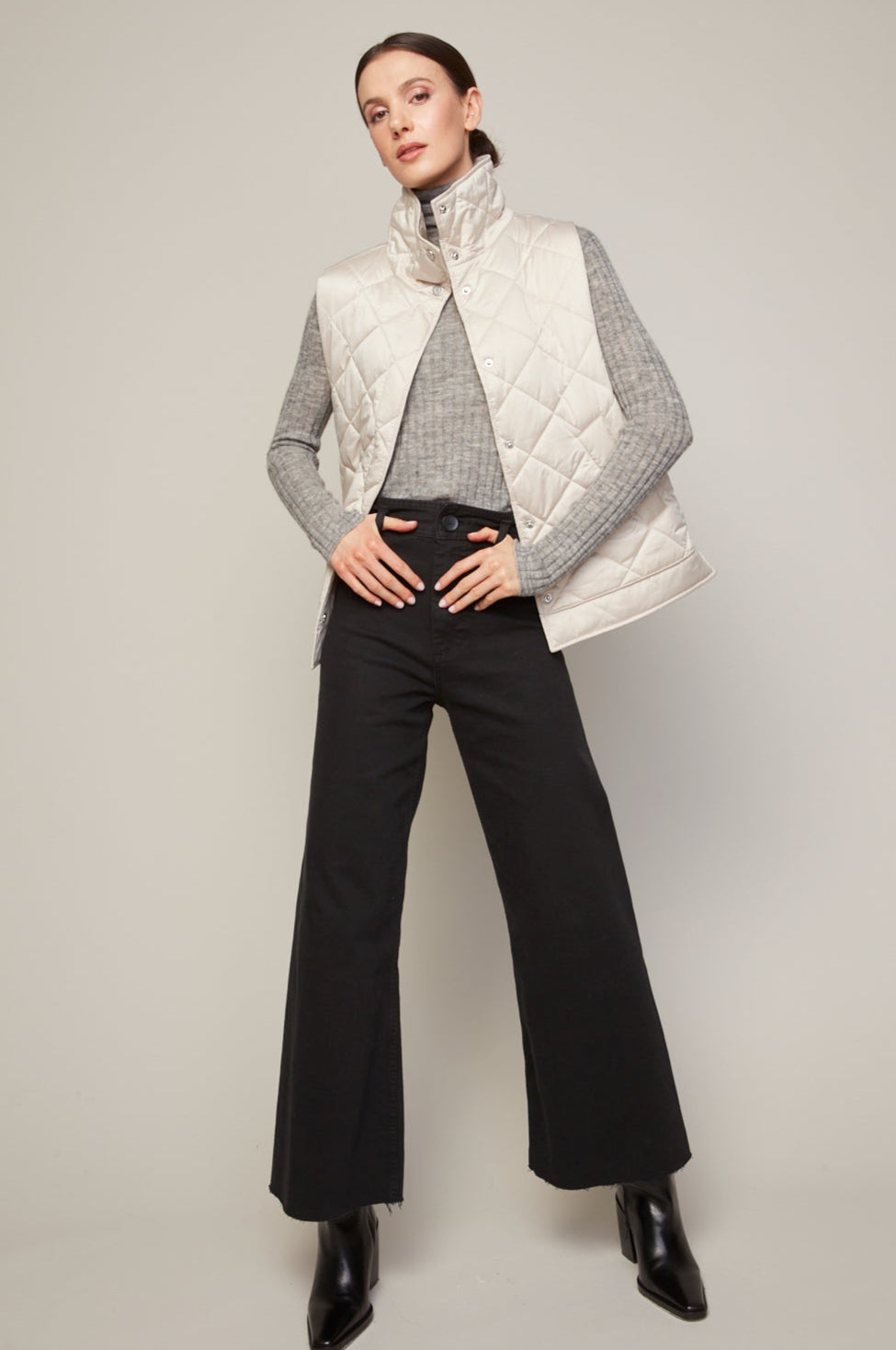 Adroit Atelier Brielle Quilted Sleeveless Funnel Neck Vest in Birch available at Barbara Katz