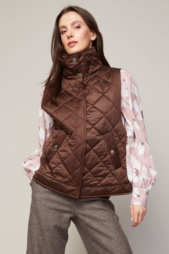 Adroit Atelier Brielle Quilted Sleeveless Funnel Neck Vest in Java available at Barbara Katz