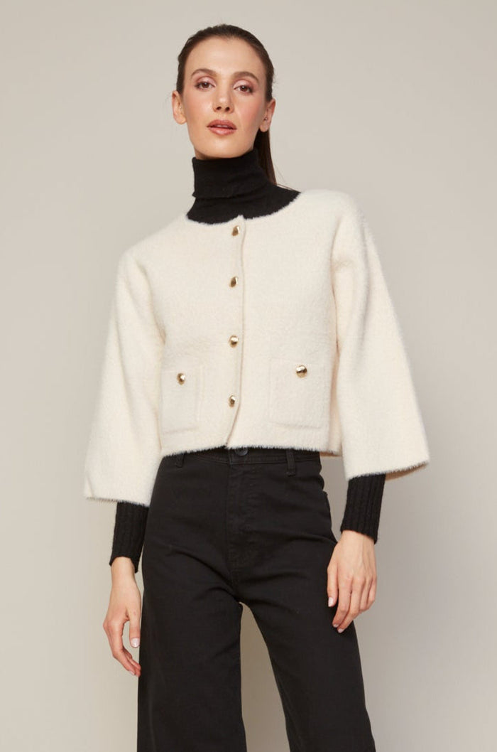 Adroit Atelier Bronte Buttoned Front Cardigan With Patch Pockets in Cream available at Barbara Katz