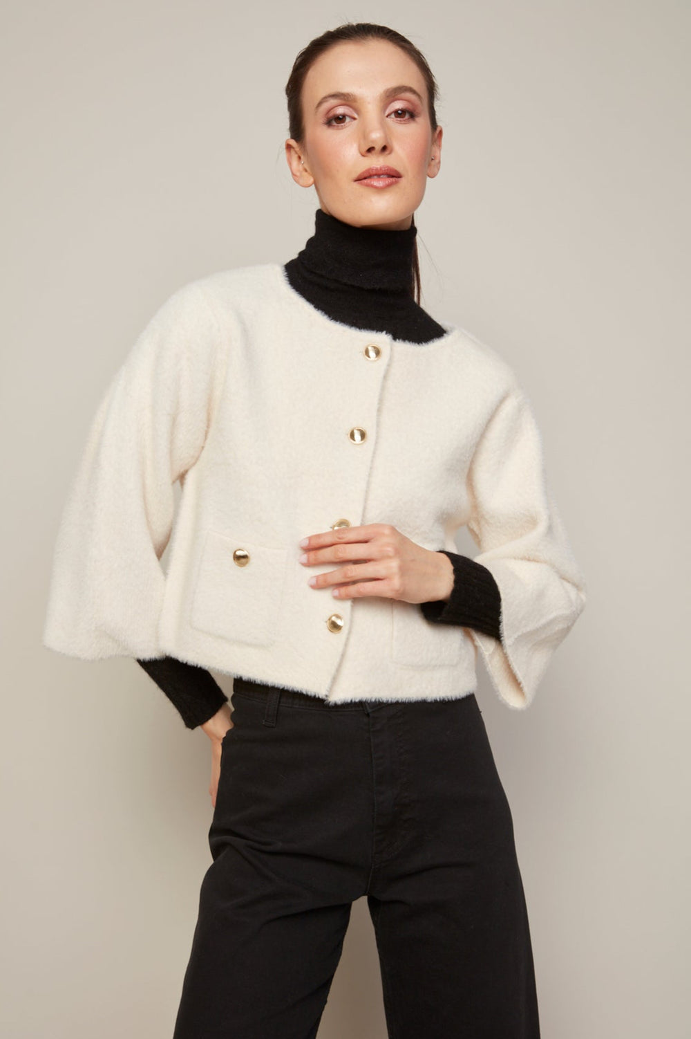 Adroit Atelier Bronte Buttoned Front Cardigan With Patch Pockets in Cream available at Barbara Katz