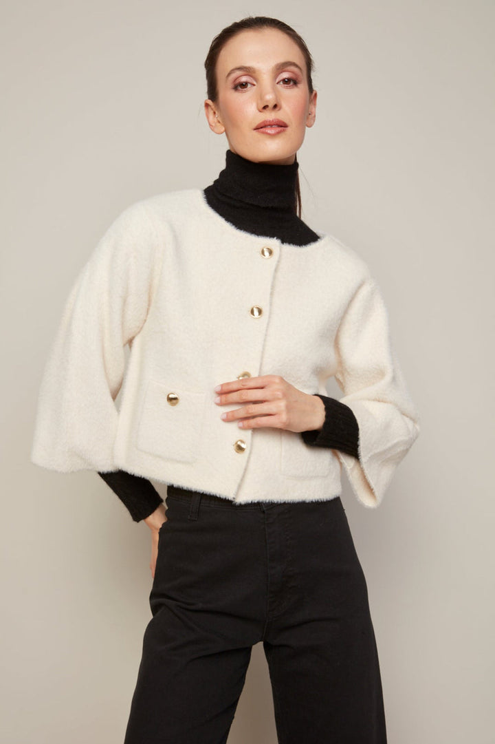 Adroit Atelier Bronte Buttoned Front Cardigan With Patch Pockets in Cream available at Barbara Katz