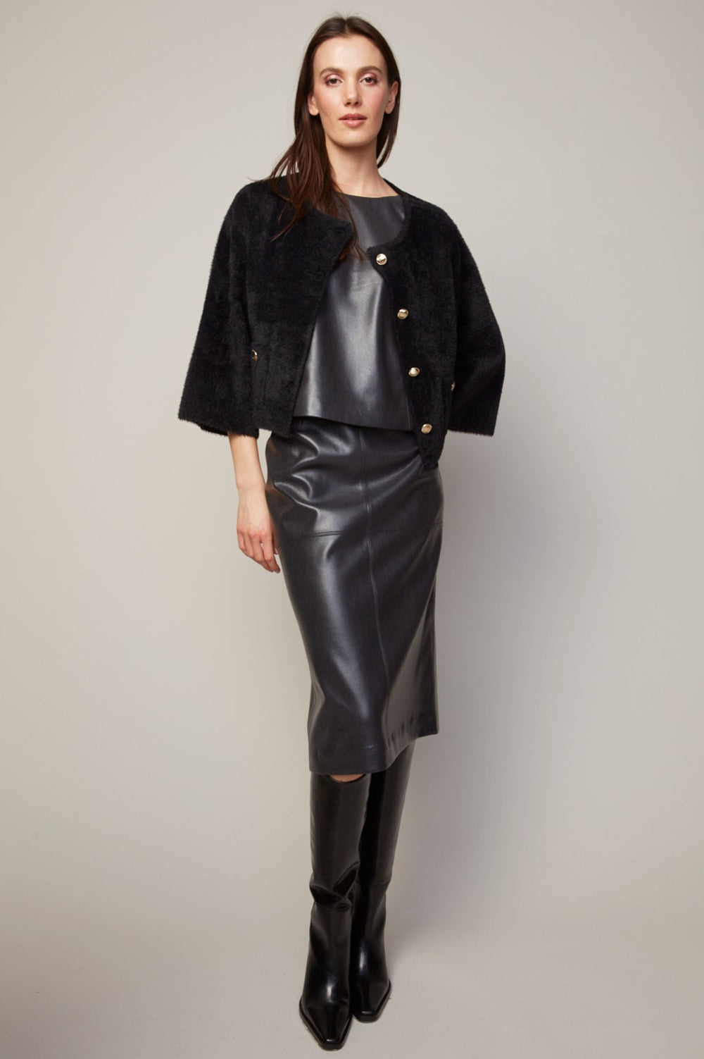 Adroit Atelier Bronte Buttoned Front Cardigan With Patch Pockets in Black available at Barbara Katz