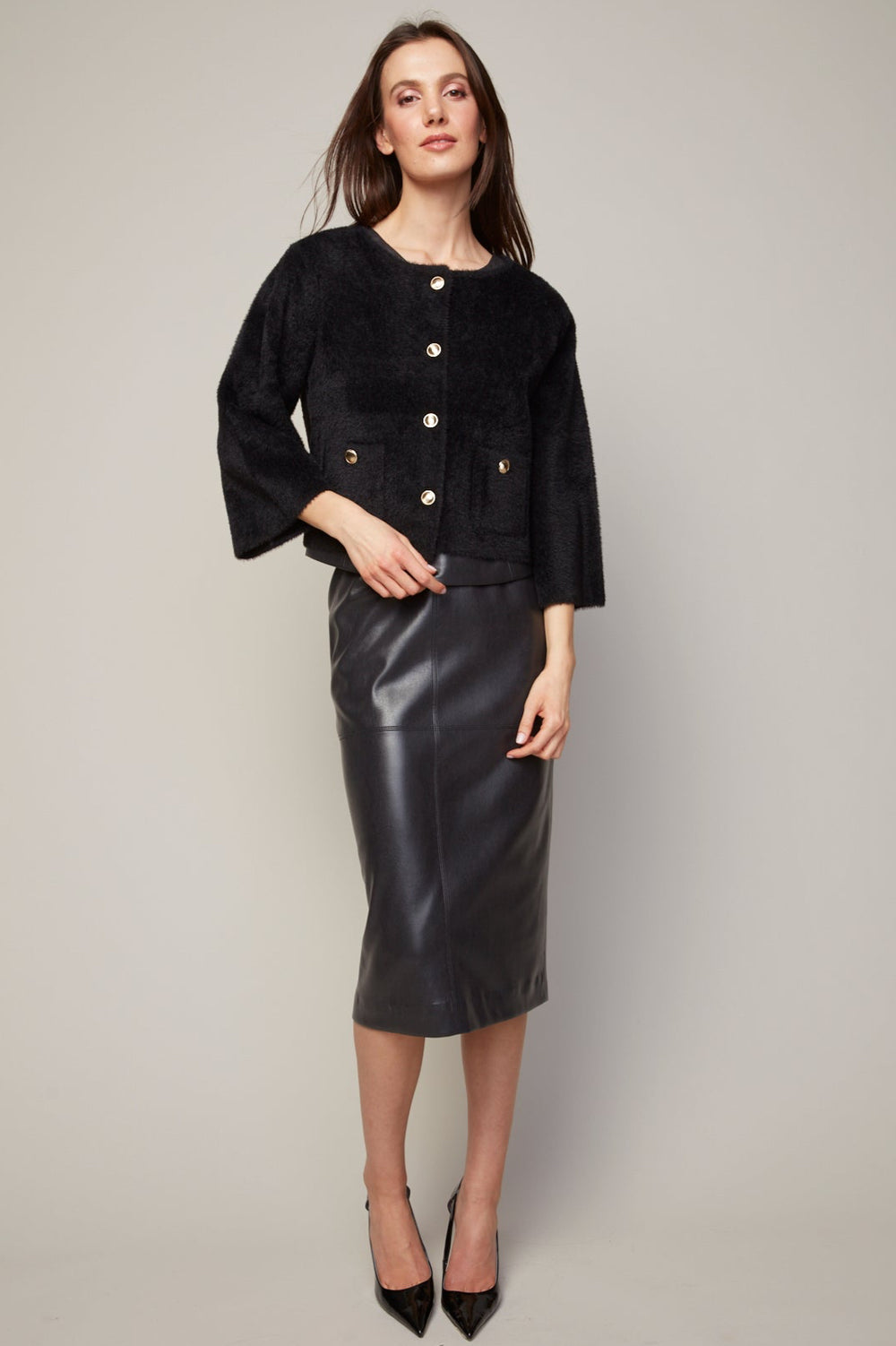 Adroit Atelier Bronte Buttoned Front Cardigan With Patch Pockets in Black available at Barbara Katz
