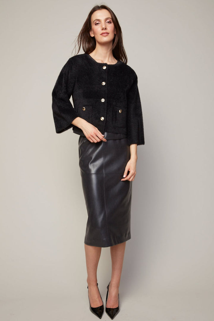 Adroit Atelier Bronte Buttoned Front Cardigan With Patch Pockets in Black available at Barbara Katz