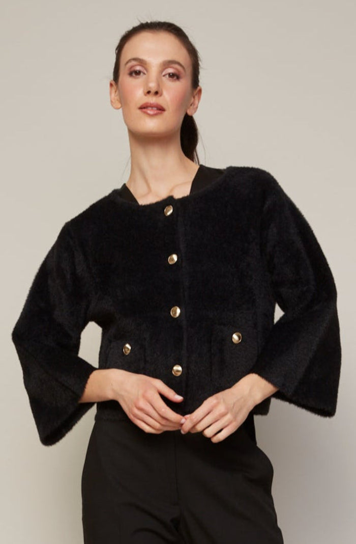 Adroit Atelier Bronte Buttoned Front Cardigan With Patch Pockets in Black available at Barbara Katz