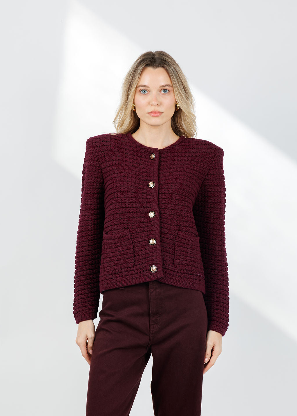 BA&SH Gaspard Knit Cardigan in Bordeaux available at Barbara Katz