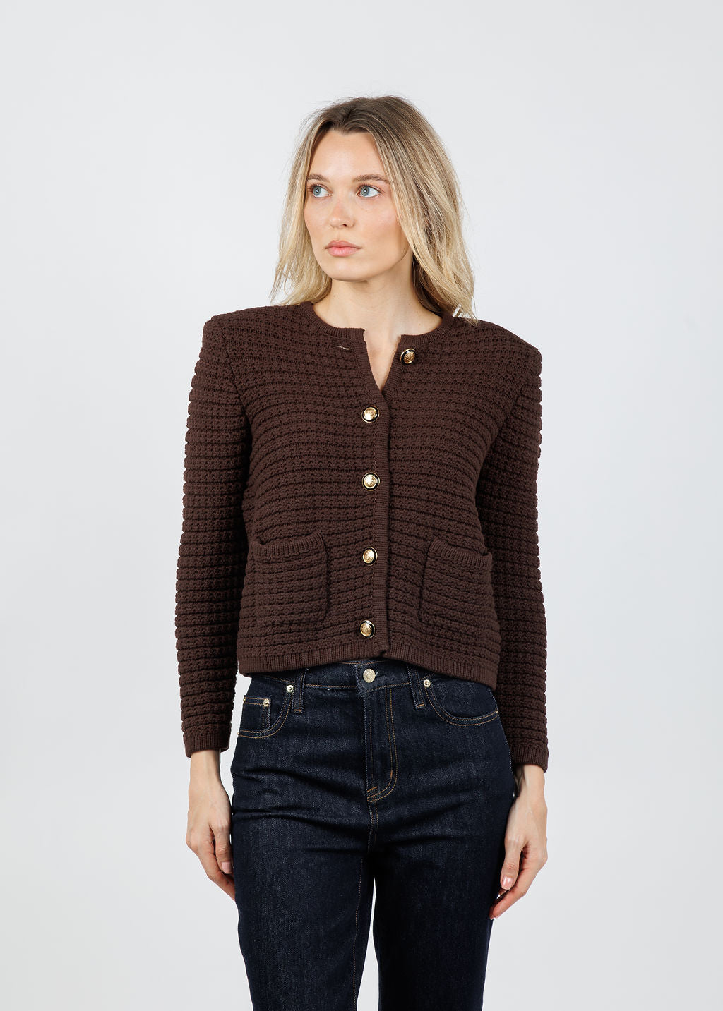 Ba&sh Gaspard Knit Cardigan in Chocolat available at Barbara Katz