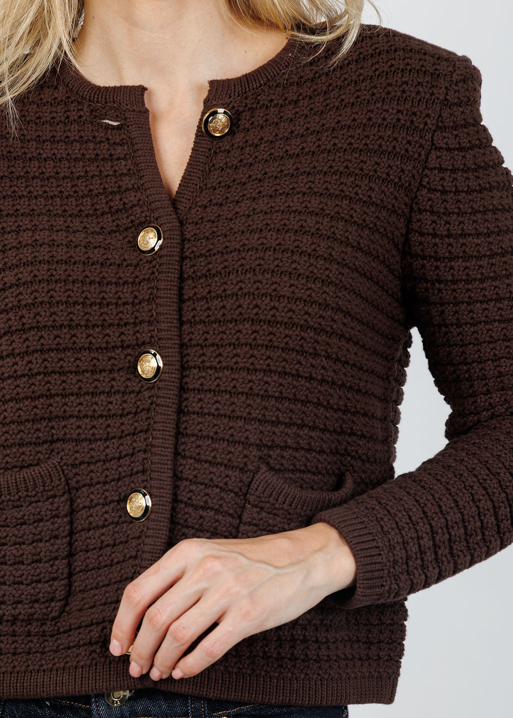 Ba&sh Gaspard Knit Cardigan in Chocolat available at Barbara Katz